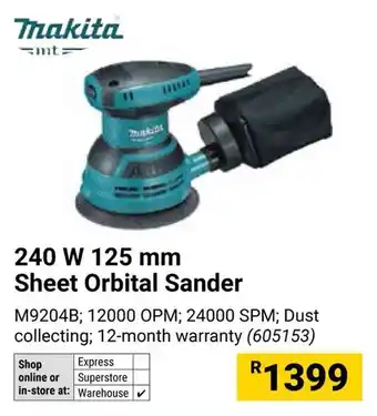 Builders Warehouse Makita 240W 125mm Sheet Orbital Sander offer