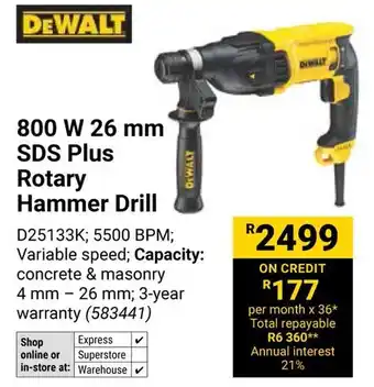 Builders Warehouse DEWALT 800W 26 mm SDS Plus Rotary Hammer Drill offer