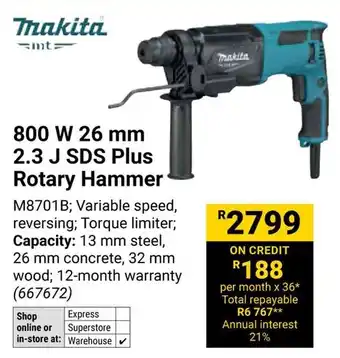 Builders Warehouse Makita 800 W 26 mm 2.3 J SDS Plus Rotary Hammer offer