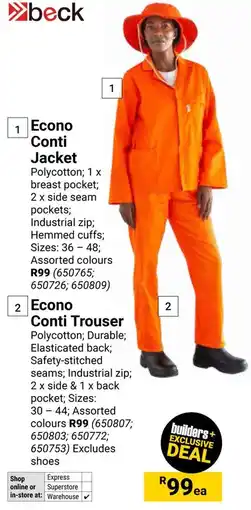Builders Warehouse Beck Econo Conti Jacket or Econo Conti Trouser offer