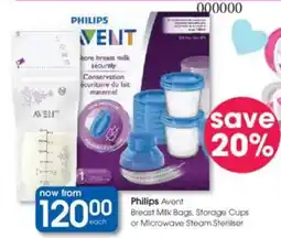 Clicks Philips Avent Breast Milk Bags, Storage Cups or Microwave Steam Steriliser offer