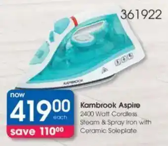 Clicks Kambrook Aspire 2400 Watt Cordless Steam & Spray Iron with Ceramic Soleplate offer