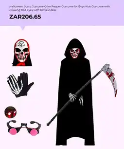 AliExpress Halloween Scary Costume Grim Reaper Costume for Boys Kids Costume with Glowing Red Eyes with Gloves Mask offer