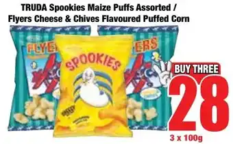 Boxer Superstores TRUDA Spookies Maize Puffs Assorted/ Flyers Cheese & Chives Flavoured Puffed Corn offer
