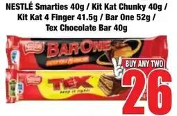 Boxer Superstores NESTLÉ Smarties/ Kit Kat Chunky/ Kit Kat 4 Finger/ Bar One/ Tex Chocolate Bar offer