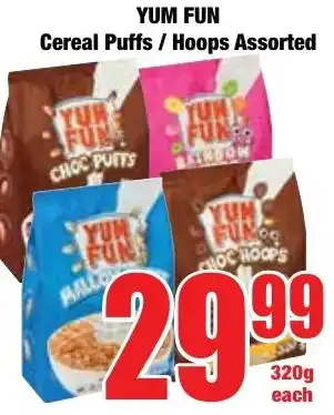 Boxer Superstores YUM FUN Cereal Puffs/ Hoops Assorted offer