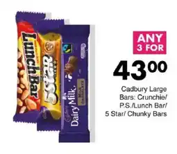Save Cadbury Large Bars Crunchie/ P.S./ Lunch Bar/ 5 Star/ Chunky Bars offer