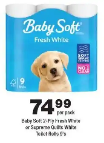 Baby Soft 2-Ply Fresh White or Supreme Quilts White Toilet Rolls