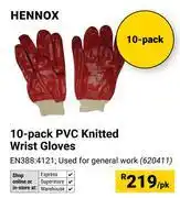 Builders Warehouse Hennox 10 Pack PVC knitted Wrist Gloves-Per Pack offer