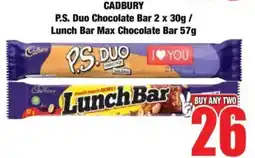 Boxer CADBURY P.S. Duo Chocolate Bar/ Lunch Bar Max Chocolate Bar offer