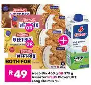 Game Bokomo Weet Bix 450g Or 375g Plus Clover UHT Long Life Milk 1L-Both For offer