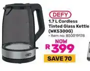 Game Defy 1.7L Cordless Tinted Glass Kettle WK5300G offer