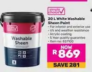 Game Simple Choice 20L White Washable Sheen Paint offer