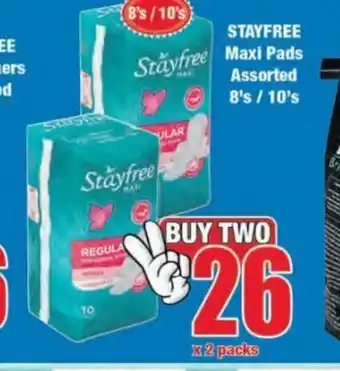 Boxer Stayfree Maxi Pads Assorted 8's / 10's x2 packs offer
