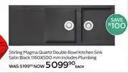 CTM Stirling Magma Quartz Double Bowl Kitchen Sink Satin Black 1160 x 500mm-Each offer