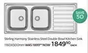 CTM Stirling Harmony S/Steel Double Bowl Kitchen Sink 1160 x 500mm-Each offer