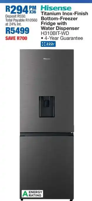 Hisense Titanium Inox-Finish Bottom-Freezer Fridge with Water Dispenser H310BIT-WD