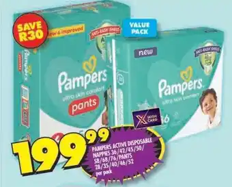 Shoprite PAMPERS ACTIVE DISPOSABLE NAPPIES 36/42/45/50/58/68/76/PANTS 28/35/40/46/52 per pack offer