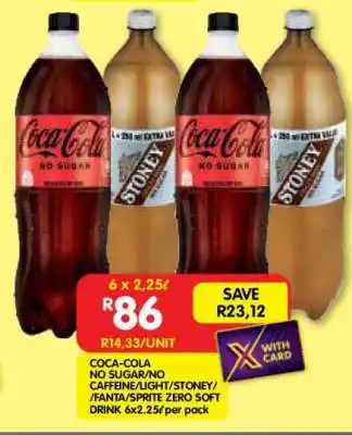 COCA-COLA NO SUGAR/NO CAFFEINE/LIGHT/STONEY/FANTA/SPRITE ZERO SOFT DRINK 6x2.25ℓ