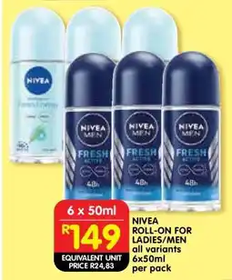 Shoprite NIVEA ROLL-ON FOR LADIES/MEN all variants 6x50ml per pack offer