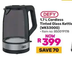 Game DEFY 1.7 L Cordless Tinted Glass Kettle (WK5300G) offer