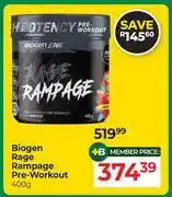 Dis-Chem Biogen Rage Rampage Pre Workout-400g offer