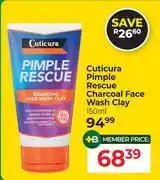Dis-Chem Cuticura Pimple Rescue Charcoal Face Wash Clay-150ml offer