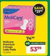 Dis-Chem Molicare Premium 3 Drops Lady Pads 12 Pack offer