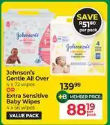 Dis-Chem Johnson's Gentle All Over 4 x 72 Wipes Or Extra Sensitive Baby Wipes 4 x 56 Wipes-Per Pack offer