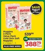Dis-Chem Huggies 2 Pack Value Pack Gold Skin Soft Nappies 2 x Sizes 1-5-Per 2 Pack offer