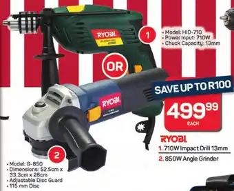 Pick n Pay Hypermarket RYOBI 710W Impact Drill or 850W Angle Grinder offer