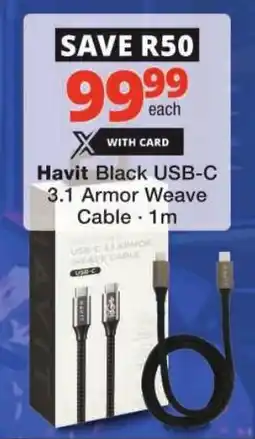 Checkers Havit Black USB-C 3.1 Armor Weave Cable offer