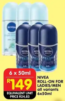 Shoprite Nivea roll-on for ladies/men offer