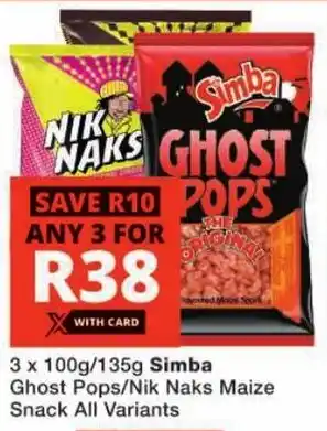 Checkers Simba Ghost Pops/ Nik Naks Maize Snack All Variants offer
