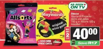Spar Beacon Maynards Prepacks Gums and Jellies or Allsorts Assorted offer