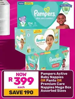 Game Pampers Active Baby Nappies OR Pants OR Premium Care Nappies Mega Box Assorted Sizes offer