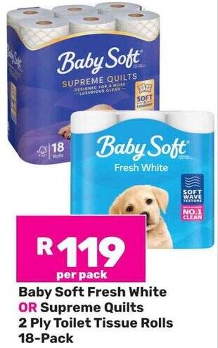 Baby Soft Fresh White OR Supreme Quilts Ply Toilet Tissue Rolls