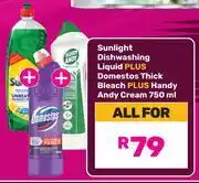 Game Sunlight Dishwashing Liquid + Domestos Thick Bleach + Handy Andy Cream 750ml-All For offer