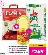 Game Excella Parboiled Rice 10Kg+Excella Oil 2L+White Star Super Maize Meal 10Kg-All For offer