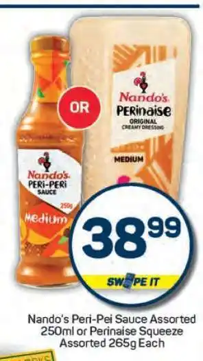Pick n Pay Nando's Peri-Peri Sauce Assorted 250ml or Perinaise Squeeze Assorted 265g Each offer