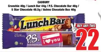 Boxer CADBURY Crunchie/ Lunch Bar/ P.S. Chocolate Bar/ 5 Star Chocolate/ Astros Chocolate Box offer