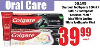 Boxer COLGATE Charcoal Toothpaste/ Total 12 Toothpaste Assorted/ Max White Lasting White Toothpaste offer