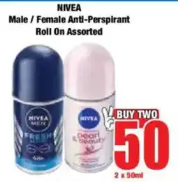 Boxer NIVEA Male/ Female Anti-Perspirant Roll On Assorted offer