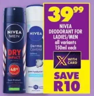 Shoprite Nivea deodorant for ladies/men offer
