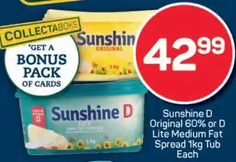 Pick n Pay Sunshine D Original 60% or D Lite Medium Fat Spread 1kg Tub Each offer