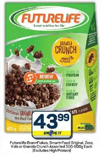 Pick n Pay Hypermarket Futurelife Bran+Flakes, Smart+Food Original, Zero, Kids or Granola Crunch Assorted offer