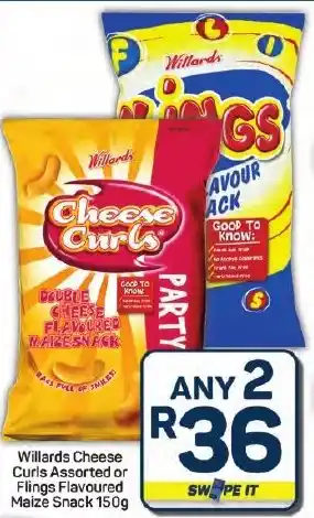 Pick n Pay Hypermarket Willards Cheese Curls Assorted or Flings Flavoured Maize Snack offer