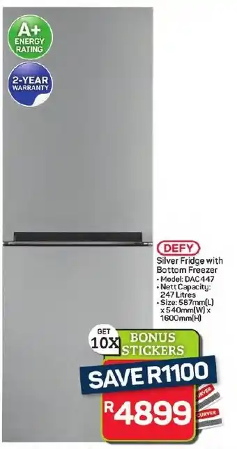 Pick n Pay Hypermarket DEFY Silver Fridge with Bottom Freezer offer