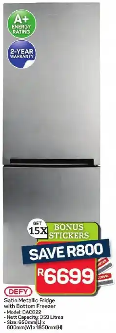 Pick n Pay Hypermarket DEFY Satin Metallic Fridge with Bottom Freezer offer