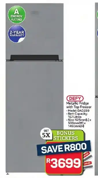 Pick n Pay Hypermarket DEFY Metallic Fridge with Top Freezer offer